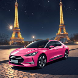 A stunning illustration of a pink DS Pallas 21 beautifully parked at the foot of the illuminated Eiffel Tower at night