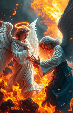 A dynamic scene featuring a good angel and a bad angel in a dramatic confrontation, surrounded by vibrant, swirling flames that illuminate their forms