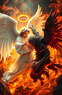 A dynamic scene featuring a good angel and a bad angel in a dramatic confrontation, surrounded by vibrant, swirling flames that illuminate their forms