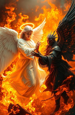 A dynamic scene featuring a good angel and a bad angel in a dramatic confrontation, surrounded by vibrant, swirling flames that illuminate their forms