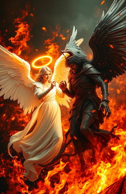 A dynamic scene featuring a good angel and a bad angel in a dramatic confrontation, surrounded by vibrant, swirling flames that illuminate their forms