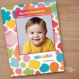 Design an A4 cover for a preschool child's portfolio with a vibrant and playful theme. Incorporate areas for the child's first name and a placement for a photograph. Add editable labels for customization.