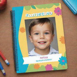 Design an A4 cover for a preschool child's portfolio with a vibrant and playful theme. Incorporate areas for the child's first name and a placement for a photograph. Add editable labels for customization.