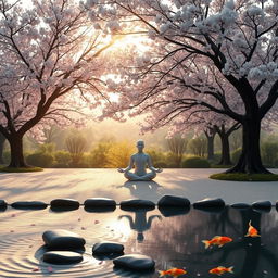 A serene and tranquil landscape symbolizing mindfulness, featuring a peaceful Zen garden with carefully raked sand and strategically placed smooth stones