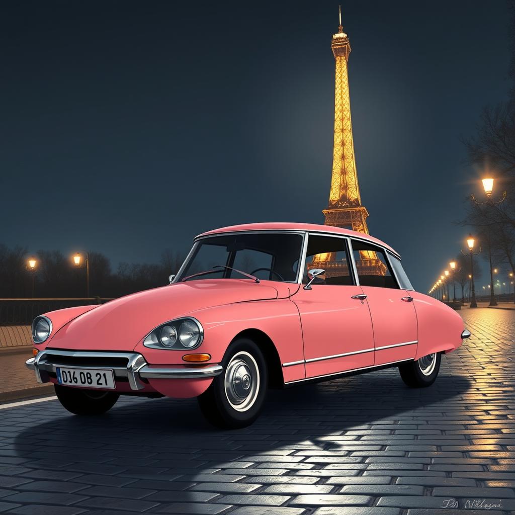 A mesmerizing illustration of an antique pink DS Pallas 21 parked gracefully at the foot of the illuminated Eiffel Tower at night