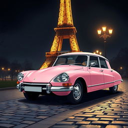 A mesmerizing illustration of an antique pink DS Pallas 21 parked gracefully at the foot of the illuminated Eiffel Tower at night