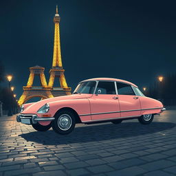 A mesmerizing illustration of an antique pink DS Pallas 21 parked gracefully at the foot of the illuminated Eiffel Tower at night