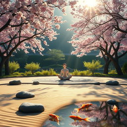 A serene and tranquil landscape symbolizing mindfulness, featuring a peaceful Zen garden with carefully raked sand and strategically placed smooth stones