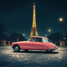 A mesmerizing illustration of an antique pink DS Pallas 21 parked gracefully at the foot of the illuminated Eiffel Tower at night