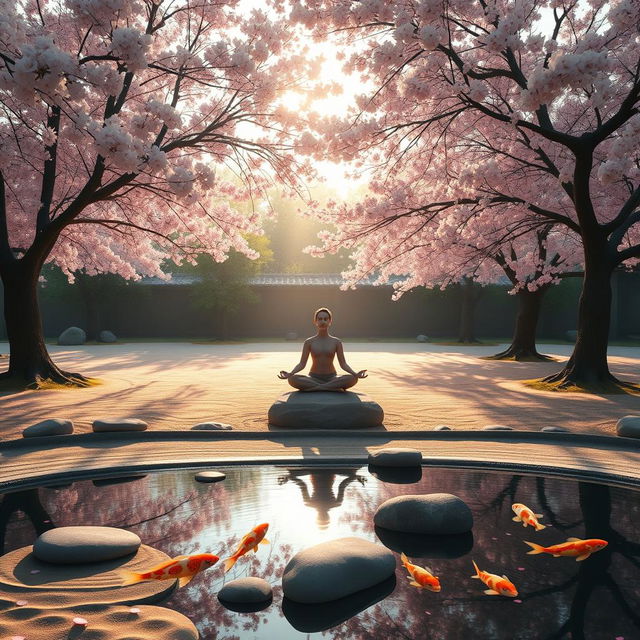 A serene and tranquil landscape symbolizing mindfulness, featuring a peaceful Zen garden with carefully raked sand and strategically placed smooth stones