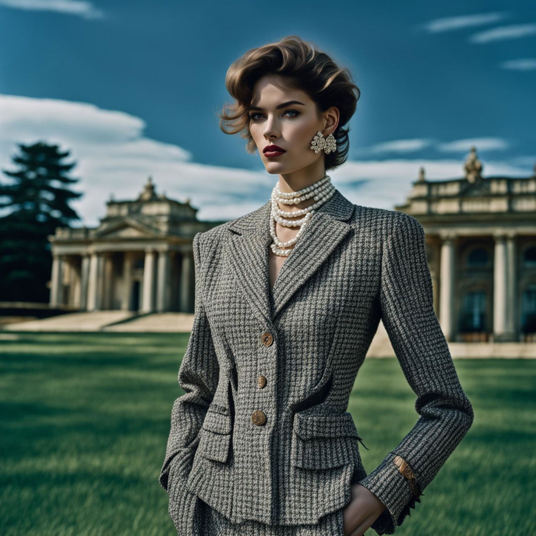 A distant shot of a female model in a modern old money inspired outfit, standing against an expansive estate backdrop. The image has an intense lighting and immaculate composition, reminiscent of an editorial magazine photoshoot.