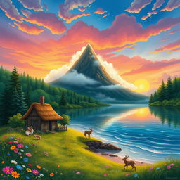 An illustration of a vibrant and whimsical landscape, featuring a large, mysterious mountaintop shrouded in mist, surrounded by lush green forests and colorful wildflowers