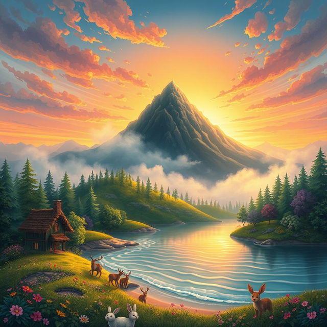 An illustration of a vibrant and whimsical landscape, featuring a large, mysterious mountaintop shrouded in mist, surrounded by lush green forests and colorful wildflowers