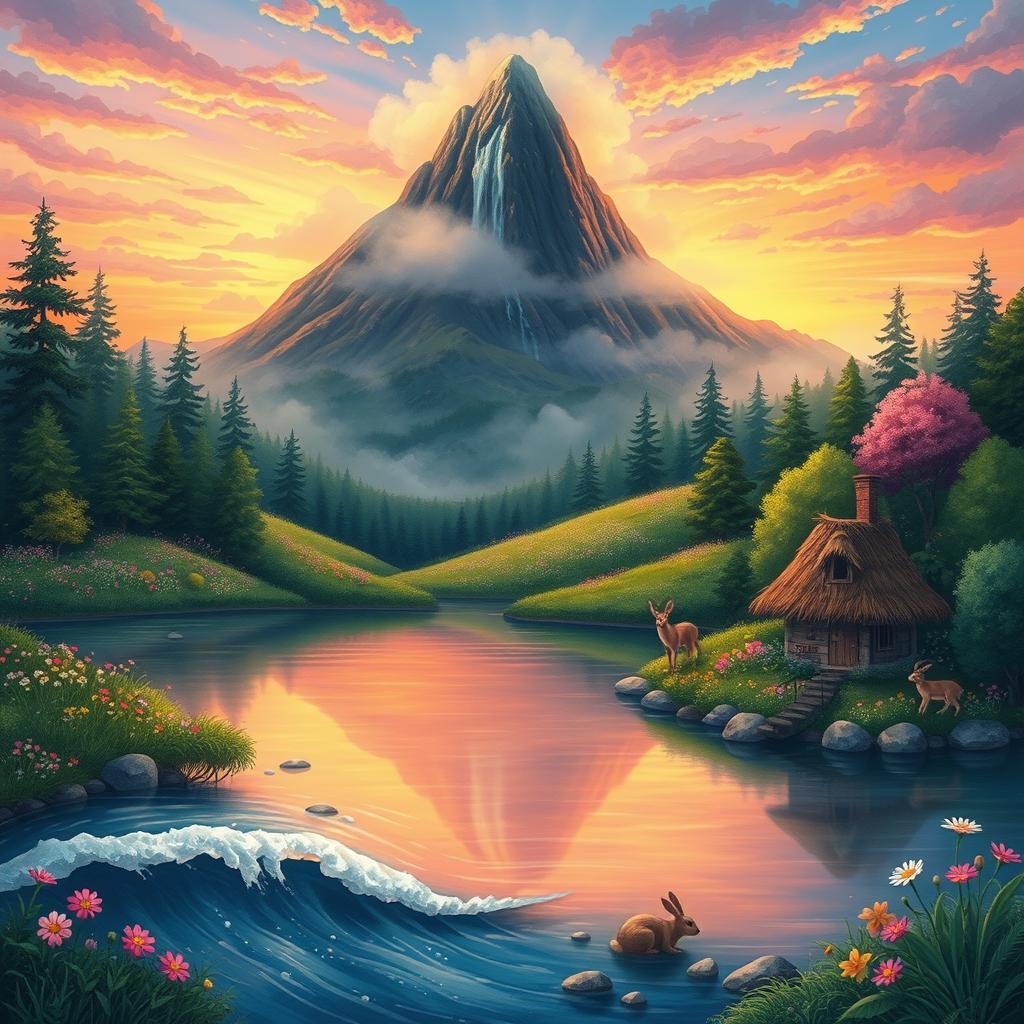 An illustration of a vibrant and whimsical landscape, featuring a large, mysterious mountaintop shrouded in mist, surrounded by lush green forests and colorful wildflowers