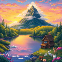 An illustration of a vibrant and whimsical landscape, featuring a large, mysterious mountaintop shrouded in mist, surrounded by lush green forests and colorful wildflowers