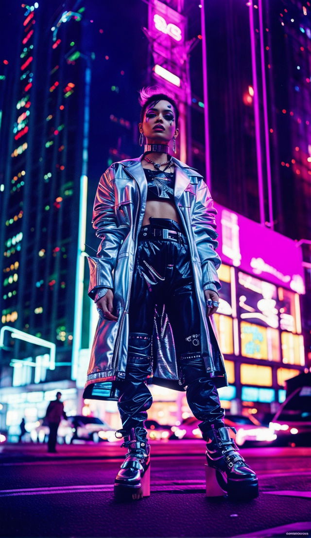 A fashion model in cyber-punk streetwear poses amidst a neon-lit cityscape for a Vogue editorial. She wears a metallic jacket and black leather pants with neon accents, complemented by chunky boots and a neon visor. Shot on Agfa Vista 200 film with a 2:3 aspect ratio and shutter speed of 750.