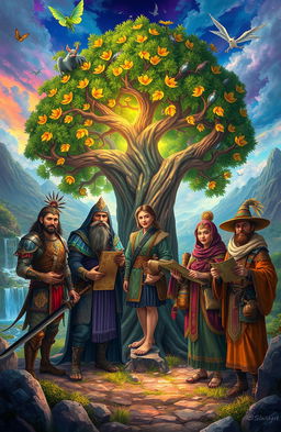 A vibrant fantasy scene capturing a diverse group of characters from various cultures and backgrounds gathered around a magical, ancient tree with glowing leaves