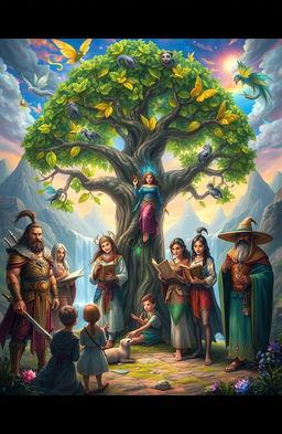 A vibrant fantasy scene capturing a diverse group of characters from various cultures and backgrounds gathered around a magical, ancient tree with glowing leaves
