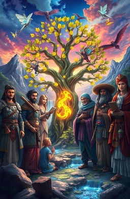 A vibrant fantasy scene capturing a diverse group of characters from various cultures and backgrounds gathered around a magical, ancient tree with glowing leaves