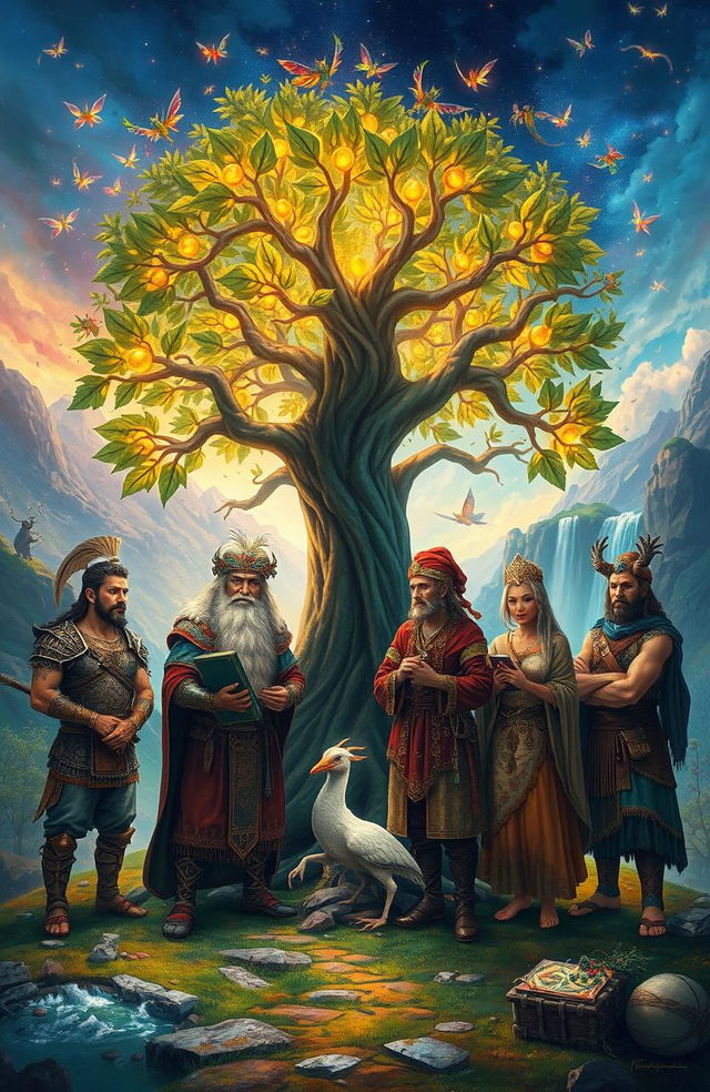 A vibrant fantasy scene capturing a diverse group of characters from various cultures and backgrounds gathered around a magical, ancient tree with glowing leaves