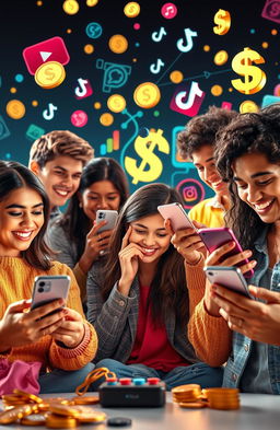 A dynamic representation of the digital wealth shift, featuring a vibrant scene where individuals interact with their mobile devices on platforms like YouTube and TikTok