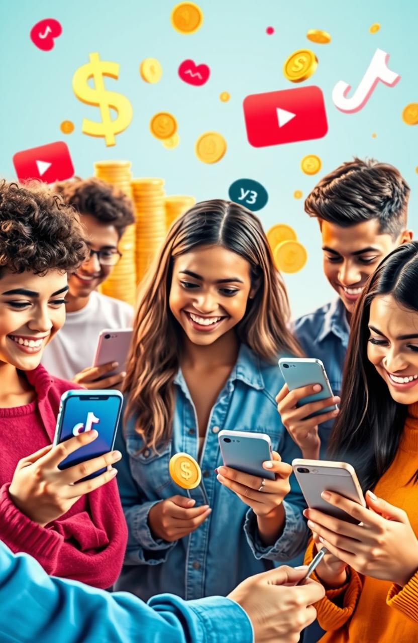 A dynamic representation of the digital wealth shift, featuring a vibrant scene where individuals interact with their mobile devices on platforms like YouTube and TikTok