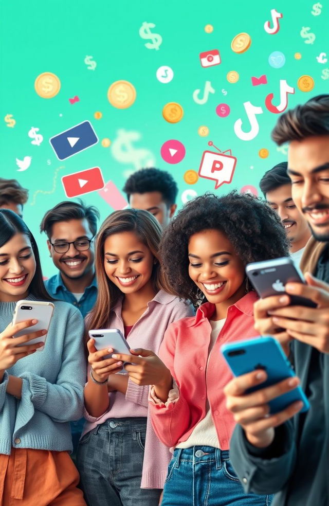 A dynamic representation of the digital wealth shift, featuring a vibrant scene where individuals interact with their mobile devices on platforms like YouTube and TikTok