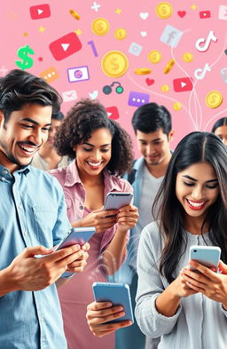 A dynamic representation of the digital wealth shift, featuring a vibrant scene where individuals interact with their mobile devices on platforms like YouTube and TikTok