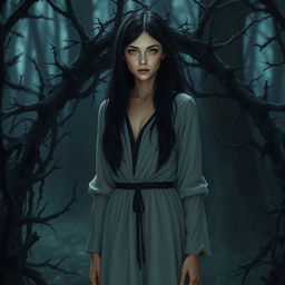 In the center of the scene stands a young woman upright, dressed in an elegant and understated fantasy-inspired outfit evoking the deep hues of the night
