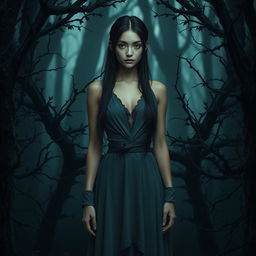 In the center of the scene stands a young woman upright, dressed in an elegant and understated fantasy-inspired outfit evoking the deep hues of the night