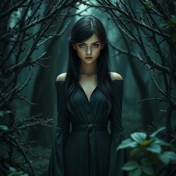 In the center of the scene stands a young woman upright, dressed in an elegant and understated fantasy-inspired outfit evoking the deep hues of the night