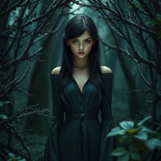 In the center of the scene stands a young woman upright, dressed in an elegant and understated fantasy-inspired outfit evoking the deep hues of the night