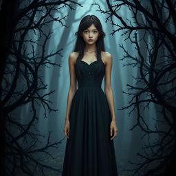 In the center of the scene stands a young woman upright, dressed in an elegant and understated fantasy-inspired outfit evoking the deep hues of the night