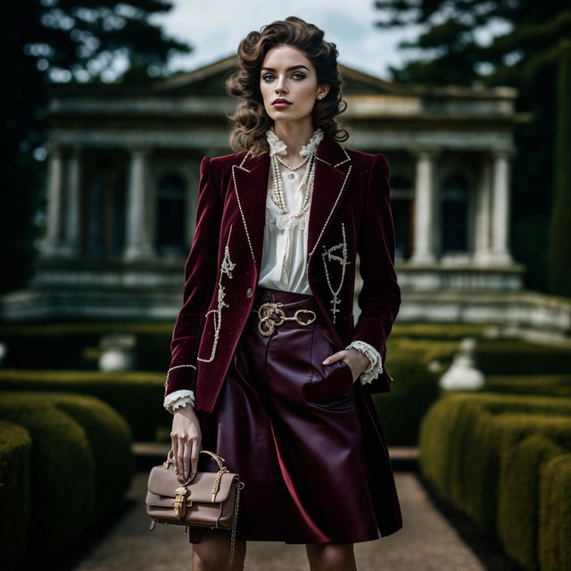 Distant shot of a female model in a modern old money inspired outfit with intricate details under intense lighting against a grand estate backdrop.