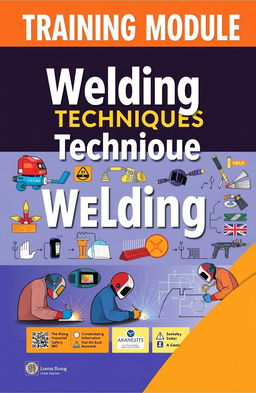 A comprehensive and visually appealing training module cover on welding techniques, featuring illustrations of various welding processes such as MIG, TIG, and stick welding