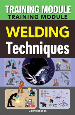 A comprehensive and visually appealing training module cover on welding techniques, featuring illustrations of various welding processes such as MIG, TIG, and stick welding