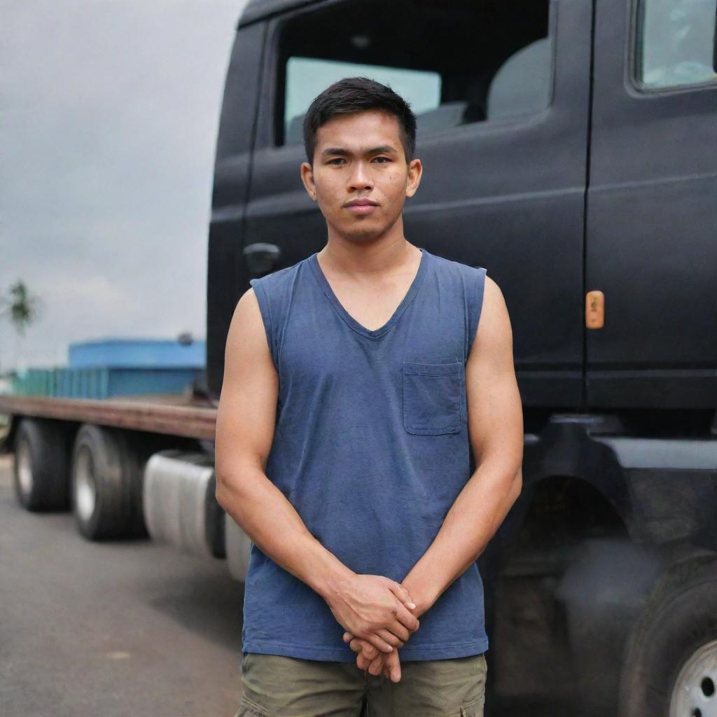 A young Indonesian truck driver, wearing sleeveless shirt and shorts, positioned at the backdrop of a truck's steering wheel.