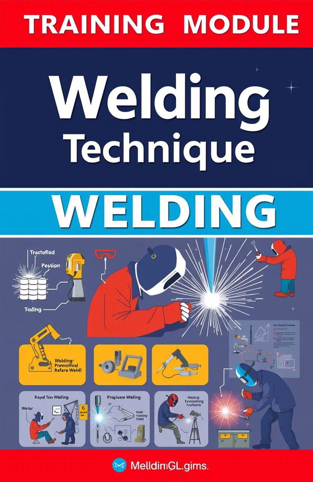 A comprehensive and visually appealing training module cover on welding techniques, featuring illustrations of various welding processes such as MIG, TIG, and stick welding