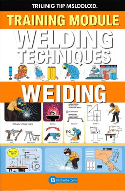 A comprehensive and visually appealing training module cover on welding techniques, featuring illustrations of various welding processes such as MIG, TIG, and stick welding