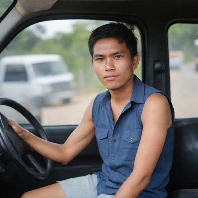 A young Indonesian truck driver, wearing sleeveless shirt and shorts, positioned at the backdrop of a truck's steering wheel.