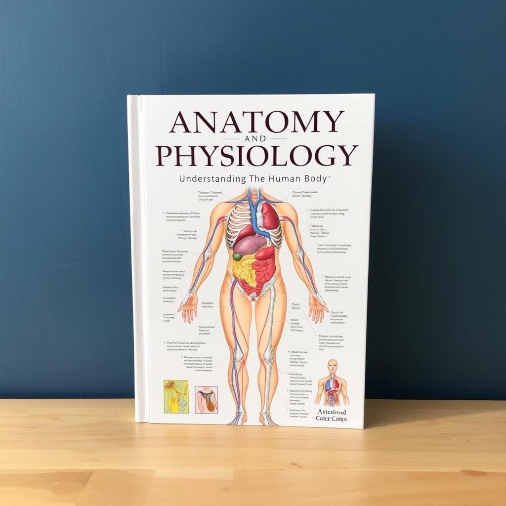 A beautifully illustrated and informative cover for an anatomy and physiology book, featuring a detailed, high-resolution anatomical illustration of the human body