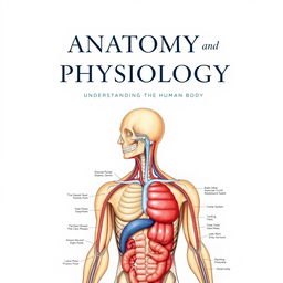 A beautifully illustrated and informative cover for an anatomy and physiology book, featuring a detailed, high-resolution anatomical illustration of the human body