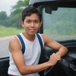 A young Indonesian truck driver, wearing sleeveless shirt and shorts, positioned at the backdrop of a truck's steering wheel.