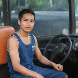 A young Indonesian truck driver, wearing sleeveless shirt and shorts, positioned at the backdrop of a truck's steering wheel.