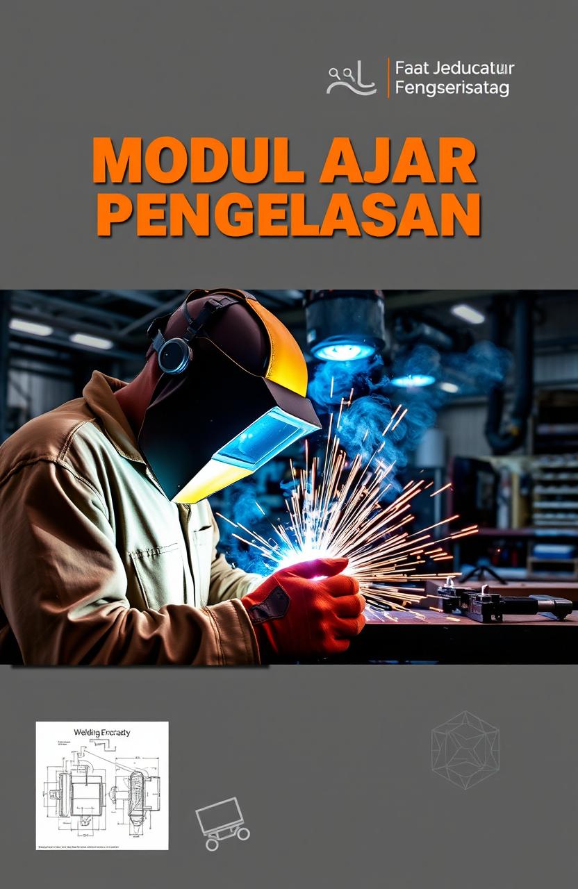 A cover design for a welding education module book, featuring a striking visual of a skilled welder in action, wearing protective gear like a welding helmet and gloves