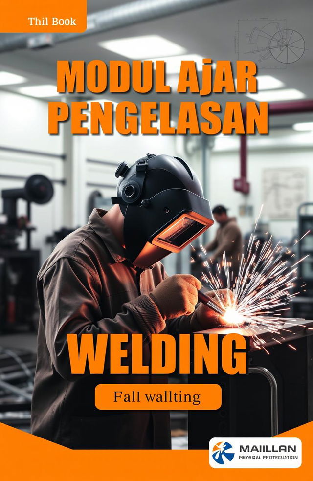 A cover design for a welding education module book, featuring a striking visual of a skilled welder in action, wearing protective gear like a welding helmet and gloves