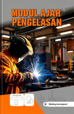 A cover design for a welding education module book, featuring a striking visual of a skilled welder in action, wearing protective gear like a welding helmet and gloves