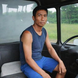 A 40-year-old Indonesian truck driver dressed in a sleeveless t-shirt and shorts, seated behind the truck's steering wheel.