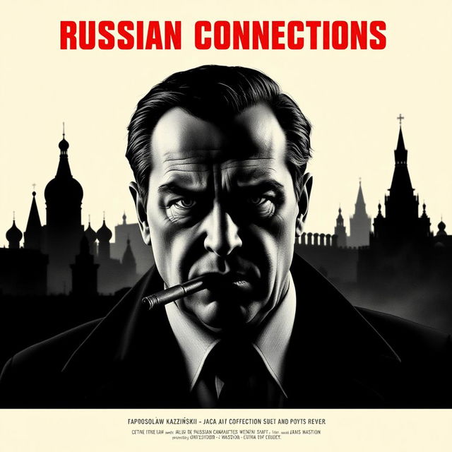 A high quality black and white realistic detective movie poster featuring a stern-looking Jarosław Kaczyński in the foreground, confidently smoking a cigar