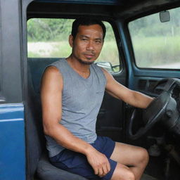 A 40-year-old Indonesian truck driver dressed in a sleeveless t-shirt and shorts, seated behind the truck's steering wheel.